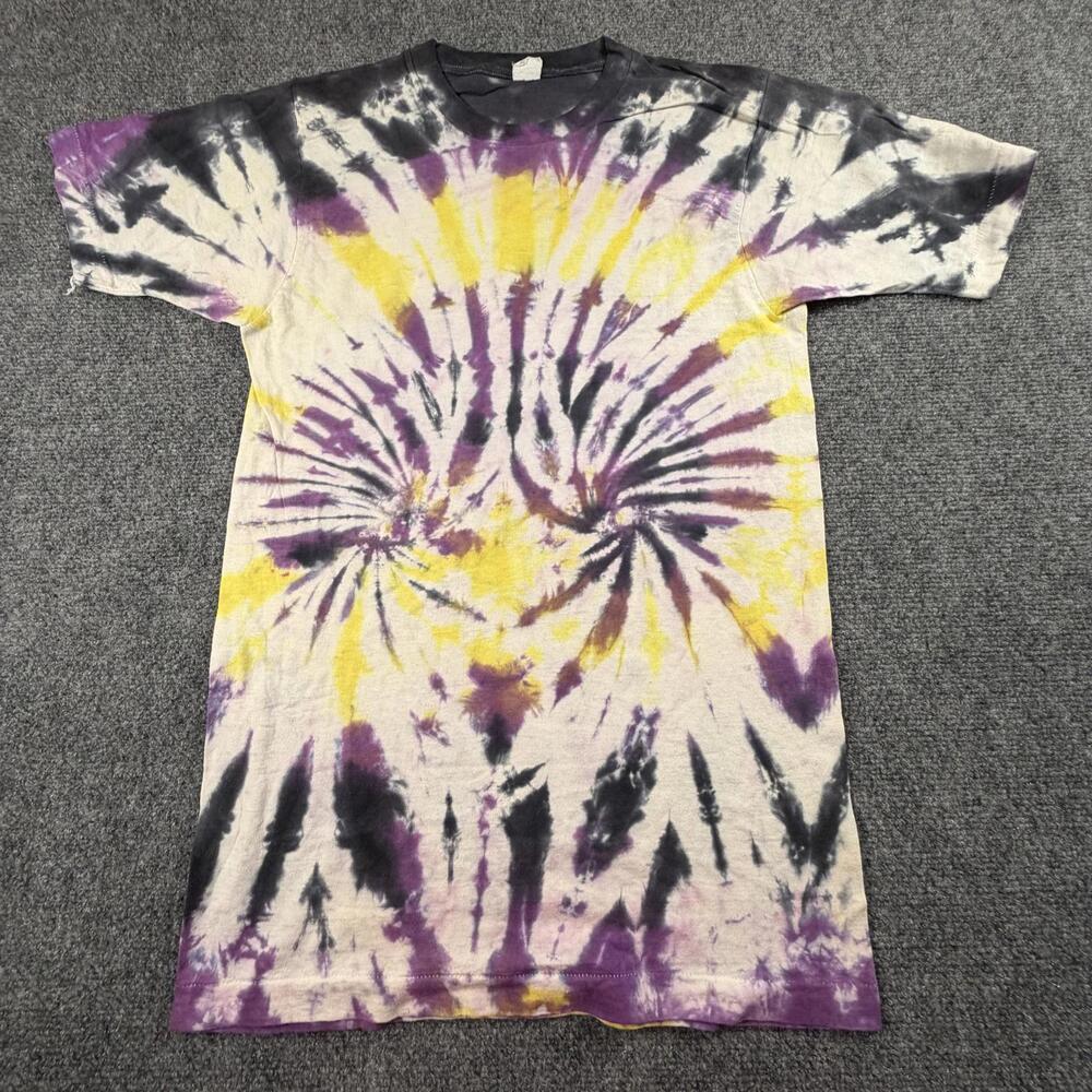 Vintage Fruit of the Loom Tie‎ Dye T-Shirt Purple Yellow Spiral Medium 1331